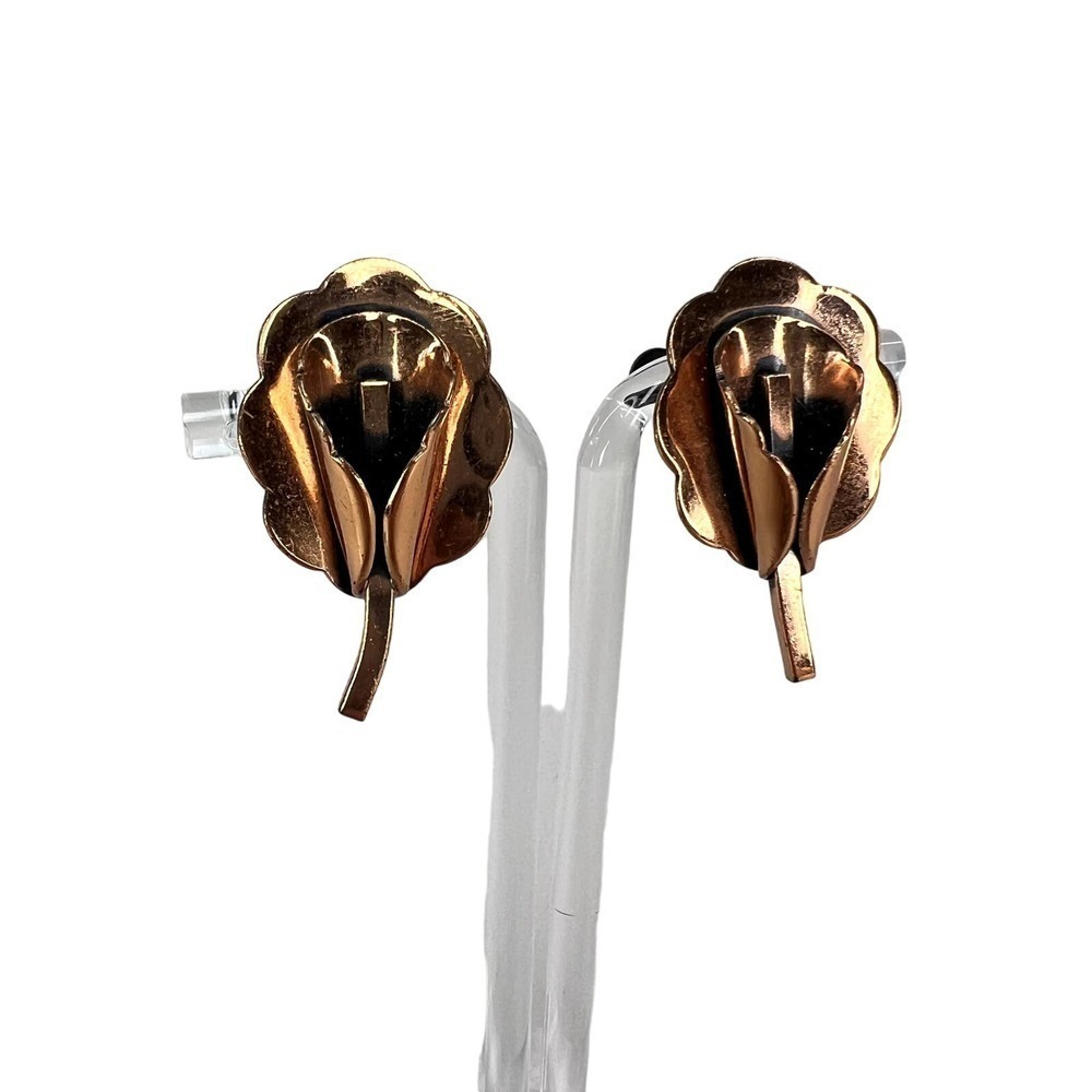 Matisse Renoir Signed Copper Metal Flower Earrings Screw Back MCM Modernist